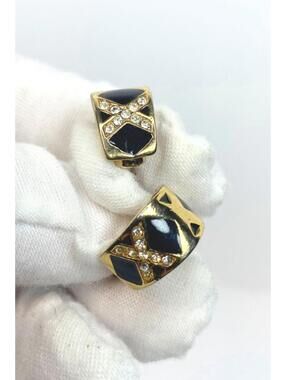 Signed Avon Black Enamel Rhinestone Gold Tone Half Hoop Clip On Earrings Vintage